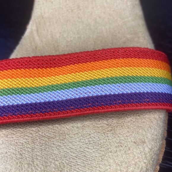 Apostrophe cork Wedge Sandals with Rainbow Elastic Straps Size 6M - Picture 9 of 10